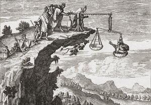 Niezwykła metoda wymuszania zeznań od przestępców, według XVI-wiecznego rysunku Theodorusa de Bry. Scena przedstawia przestępcę siedzącego na wadze niesprawiedliwości, podczas gdy ksiądz pochyla się nad przepaścią, gotowy do spowiedzi. Przypuszczalnie autorstwa English School