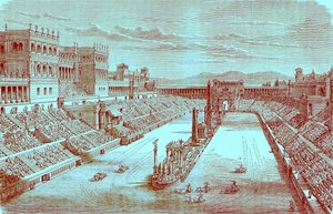 Odrestaurowana starożytna arena — pokazuje wyścig rydwanów, ilustracja z „Ilustrowanej historii świata”, opublikowana ok. 1880 r. (obraz ulepszony cyfrowo) autorstwa English School