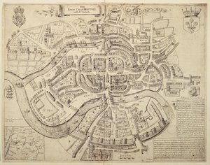 Starożytny plan miasta Bristol i jego przedmieść, wydrukowany, pokolorowany i sprzedany przez Roberta Waltona autorstwa English School