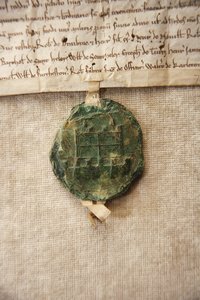 Starożytna pieczęć z wizerunkiem pierwotnego zamku, wykonana dla Williama de Albini IV, ok. 1267 (papier i wosk) autorstwa English School
