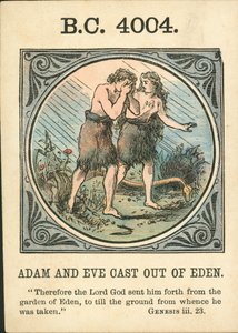 Anno Mundi: BC 4004, Adam i Ewa wyrzuceni z raju (kolorowa litografia) autorstwa English School