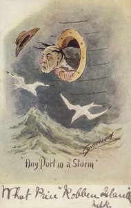 "Każdy port w czasie sztormu" (kolorowa litografia) autorstwa English School