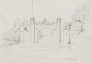 Łuk w Stamford, wzniesiony w celu powitania królowej Wiktorii i księcia Alberta w drodze do Burghley House (ołówek na papierze) autorstwa English School