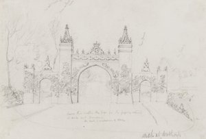 Arch w Wothorp, Cambridgeshire, wzniesiony w celu powitania królowej Wiktorii i księcia Alberta w drodze do Burghley House autorstwa English School
