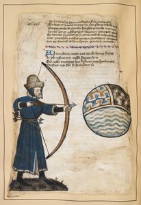 Archer (John Gower?) strzelający strzałami w świat, aby uderzyć niegodziwych, ilustracja z „Vox Clamantis”, autorstwa Johna Gowera, c.1408 (wellum) autorstwa English School