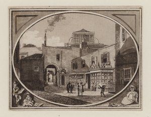 Archibald Roberton, sprzedawca druków, w pasażu Savill Row, sąsiadującym z salą aukcyjną Squibs, ok. 1790 r. autorstwa English School