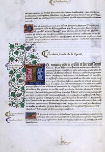 Archiwum 9432 f.15v Strona tekstu z iluminowanym inicjałem, z Księgi Fundacji Roberta Sherborne lub Shirburn (ok.1450-1536) Biskup Chichester (welum) autorstwa English School