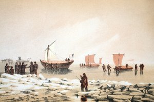 Arctic Travelling, ilustracja z Voyage do Baffins Bay i Barrow Straits..., 1852 (ręcznie barwiony grawer)