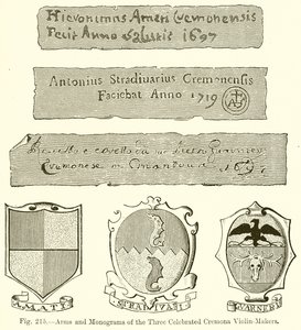 Ramiona i monogramy trzech sławnych lutników z Cremony autorstwa English School
