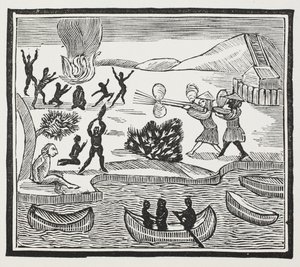 Przybycie dzikusów z więźniem chrześcijańskim, ilustracja z ksiąg rozdziałów XVIII wieku autorstwa Johna Ashtona, wyd. 1882 autorstwa English School