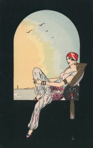 Obraz w stylu Art Deco przedstawiający kobietę leżącą na siedzeniu przy oknie autorstwa English School