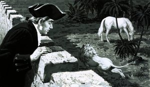 Artysta George Stubbs patrzył, jak lew skrada się w kierunku konia Barbary (gwasz na papierze) autorstwa English School