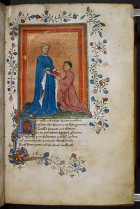 Arundel 38 f.37 Thomas Hoccleve przedstawiający swoją książkę „Regement of Princes” księciu Walii (później Henrykowi V) c.1411-13 (pióro i atrament oraz tempera na welinie) (zob. także 10048) autorstwa English School
