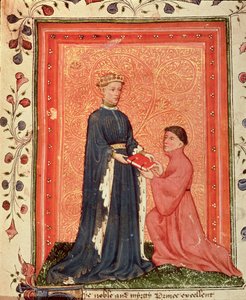 Arundel 38 f.37 Thomas Hoccleve przedstawiający swoją książkę „Regement of Princes” księciu Walii (później Henrykowi V) c.1411-13 (welum) autorstwa English School