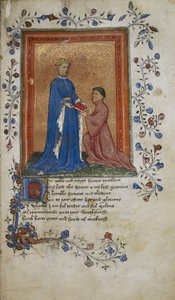Arundel 38, f.37 Thomas Hoccleve wręcza książkę księciu Henrykowi z Lancaster, ilustracja z „De regimine principum” autorstwa English School