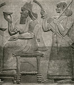Aszur-nasir-pal II, z płaskorzeźby w British Museum, z The Worlds Inhabitants autorstwa G.T. Bettany, opublikowano 1888 autorstwa English School