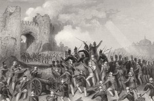 Napaść na Delhi i zdobycie Kaszmirowej Bramy 14 września 1857 r., z „Historii indyjskiego buntu” opublikowanej w 1858 r. autorstwa English School