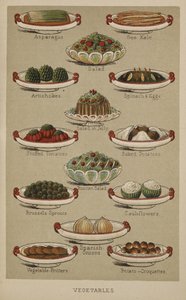 Różne dania warzywne, z „Rodzinnej księgi kucharskiej i sprzątającej pani Beeton”, autorstwa Isabelli Mary Beeton autorstwa English School