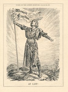 Nareszcie ilustracja przedstawiająca wojowniczkę świętującą Franczyzę Kobiety, Punch, 23 stycznia autorstwa English School