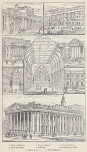 Bank of England, Custom House, Mansion House, Stock Exchange, Guildhall, General Post Office, Trinity House, Royal Exchange (grawerowanie) autorstwa English School