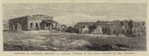 Koszary w Cawnpore, bronione przez generała Wheelera w 1857 roku, do czasu zredukowania do tego stanu (ryty) autorstwa English School