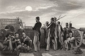 Bateria w Lucknow, obrońcy na straży, z „Historii buntu indyjskiego” autorstwa English School