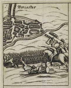 Scena bitwy pod Worcester, z „Historii najwspanialszego zachowania jego świętych majestatu po bitwie pod Worcester” autorstwa English School