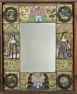 Lustro z koralików, ok. 1672-79 (nici jedwabne, metalowe i skórzane ze szklanymi koralikami i cekinami na jedwabno-satynowym podłożu w dębowej oprawie) autorstwa English School