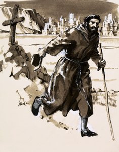 Wierząc, że odkrył El Dorado, zakonnik wzniósł krzyż, aby zdobyć lśniące miasto (gwasz na papierze) autorstwa English School