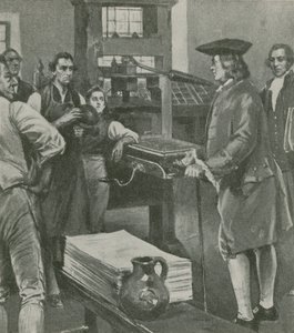 Benjamin Franklin dzwoni do swoich dawnych mistrzów drukarni w Londynie autorstwa English School