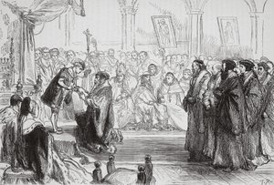 Beza przedstawia królowi spowiedź francuskiego kościoła protestanckiego podczas kolokwium w Poissy, ilustracja z Historii protestantyzmu Jamesa Aitkena Wylie (1808-1890), wyd. 1878 (engra autorstwa English School