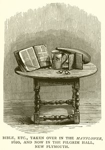 Biblia itp., przejęta w Mayflower, 1620, a teraz w Pilgrim Hall, New Plymouth autorstwa English School