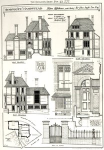 Bijou Residence Sunnycote, Hampstead, (ze studiem) dla Johna Ingle Lee Esq, z The Building News, 23 lutego 1877 News, 23 lutego 1877 autorstwa English School