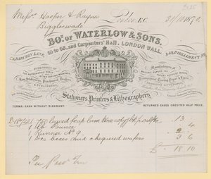 Bill z Waterlow and Sons, 66-68 Carpenters Hall, London Wall, artykuły papiernicze autorstwa English School