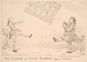 Billy Blackbeard i Charley Blackbeard grający w piłkę nożną, satyryczna kreskówka nawiązująca do ustawy East India Bill, opublikowana przez W. Humphreya, 1744 autorstwa English School