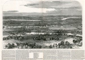 Widok z lotu ptaka na Kryształowy Pałac i okolicę, Wielka Wystawa, 1851 autorstwa English School