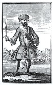 Pirat Czarnobrody, z Ogólnej historii rabunków i morderstw najbardziej znanych piratów autorstwa kapitana Charlesa Johnsona, opublikowane w 1724 r. autorstwa English School