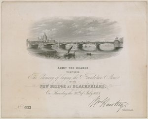 Most Blackfriars. Zaproszenie na uroczystość wmurowania kamienia węgielnego, 20 lipca 1865 r autorstwa English School