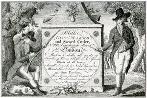 Blake, Gunmaker i Sword Cutler, etykieta na broń (grawerowanie) autorstwa English School
