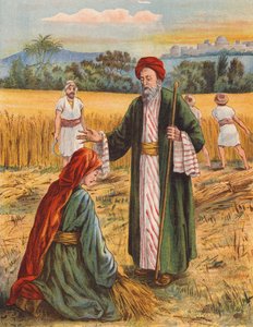Boaz i Rut na polu żniwnym (kolorowa litografia) autorstwa English School