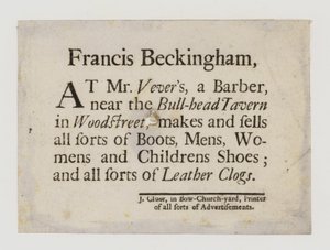 Boot and Shoemakers, Francis Beckingham, karta handlowa autorstwa English School
