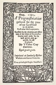 Granica z kulą ziemską u podnóża, Prognostyka Waltera Graya, wydrukowana przez Watkinsa i Robertsa, 1593 autorstwa English School