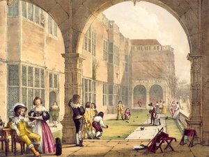 Miski na tarasie w Bramshill w 1600, z Architektura średniowiecza Josepha Nasha, opublikowane w 1838 autorstwa English School