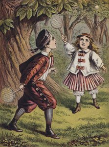 Chłopiec i dziewczynka bawiący się kijem i piłką (kolorowa litografia) autorstwa English School