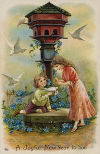 Chłopiec i dziewczynka wysyłający życzenia świąteczne przez gołębia (chromolitografia) autorstwa English School