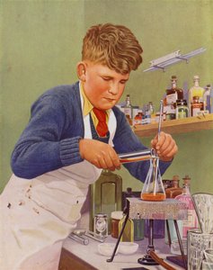 Chłopiec przeprowadzający eksperyment chemiczny (kolor lito) autorstwa English School