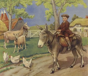 Menino montado em um burro no interior da Inglaterra (lito de cor)polonês autorstwa English School