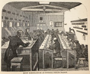 Sala szkolna dla chłopców w więzieniu Tothill Fields, ilustracja z The Criminal Prisons of London i Scenes from Prison Life Henry