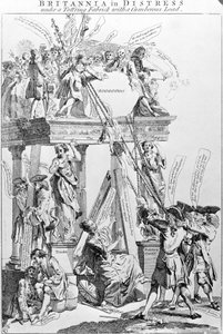 Britannia w niebezpieczeństwie pod miotającym się tkaniną z ciężkim ładunkiem, ok. 1756 r. autorstwa English School