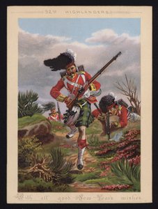 Żołnierze armii brytyjskiej z 92. pułku Highlanders, kartka z życzeniami noworocznymi (kolorowa litografia) autorstwa English School